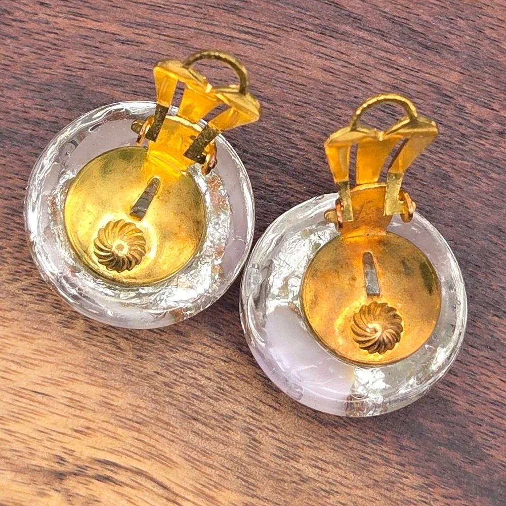 Vintage Pink‎ Glass Foil Aventurine Dome Clip On Earrings Gold Tone Mid Century